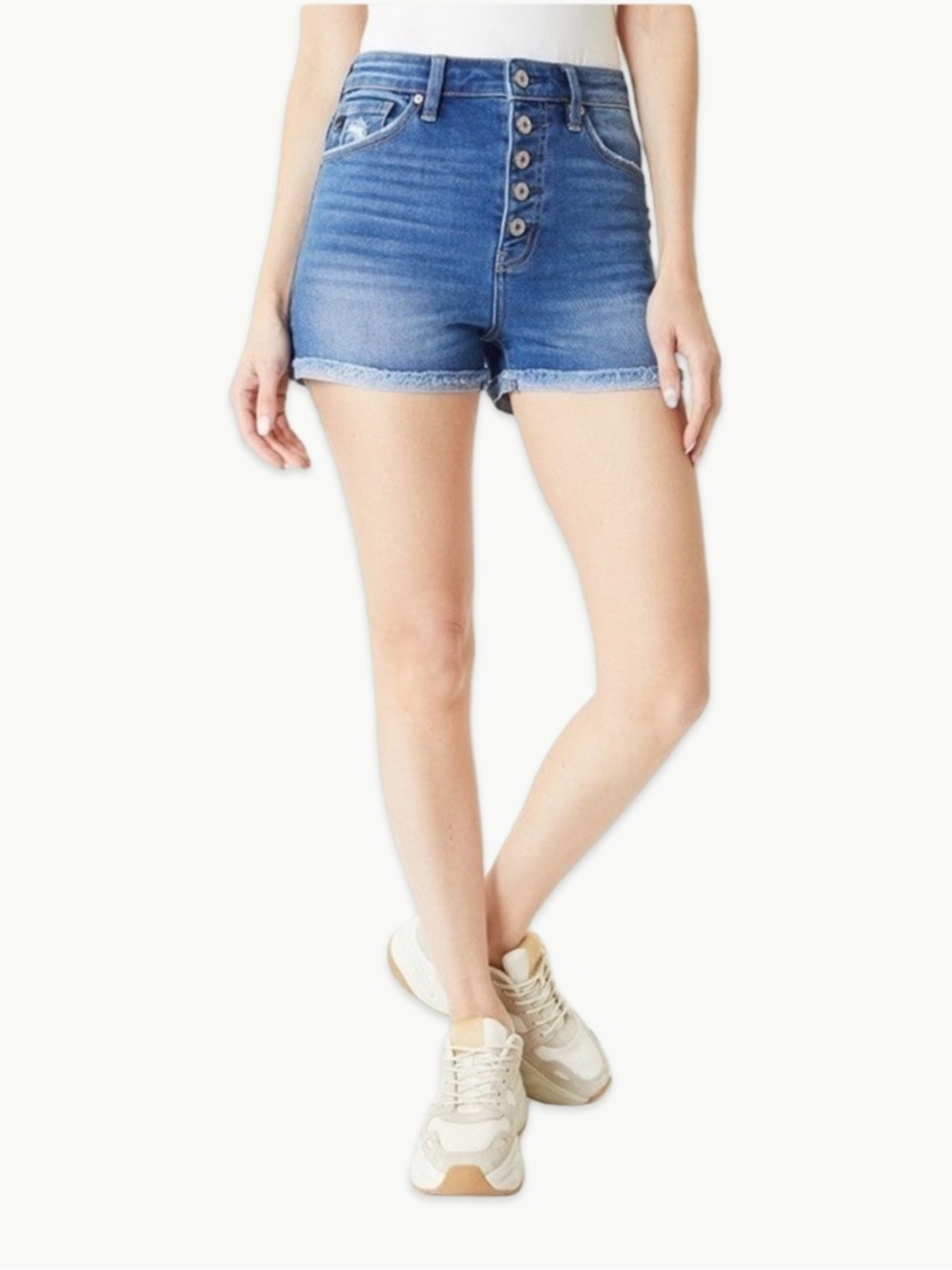 KanCan High Rise Button Cuff Denim Shorts Size Large Medium Wash Stretch New